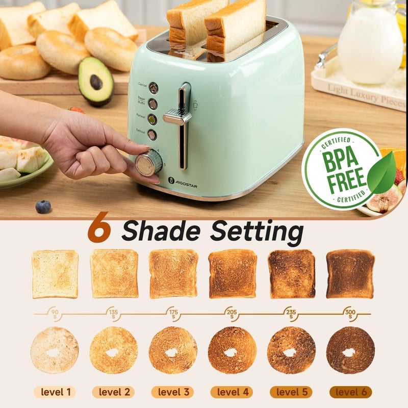 Aigostar Toaster 2 Slice Retro Toaster Stainless Steel, 1.6 inch Extra Wide Slots Bread Toaster Bagel, Cancel, Defrost Function, 6 Shade Settings & Removable Crumb Tray for Bread Waffle, Aqua Green - Image 3